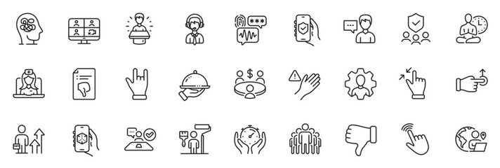 Icons pack as Painter, Biometric security and Person talk line icons for app include Telemedicine, Yoga, Professional outline thin icon web set. Touchscreen gesture, Job interview. Vector
