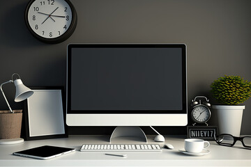 Desk with fresh monitor and office essentials. The desktop PC screen is blank. Modern creative workspace background. Front view. Generative AI