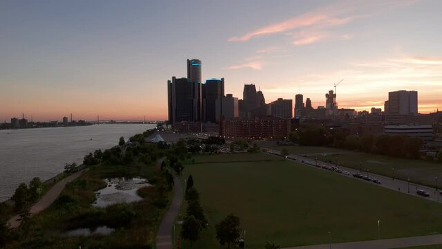 Detroit, Michigan, United States. aerial shot of the city of Detroit. Central Business District and Detroit river at Evening Time. 