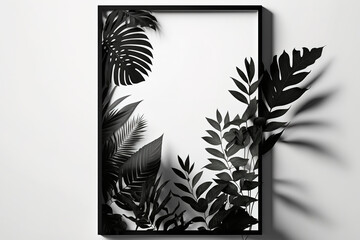 bare black vertical frame mockup with sunshine and shadows of leaves on a white wall,. Generative AI