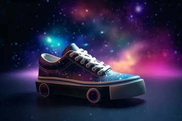 Poster Colorful sneakers on skateboard against space background with galaxy, stars, clouds and star patterned bottom. Generative AI © Flora