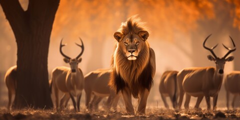 Wild Serenity: A Majestic Lion Observes a Herd of Gazelle in a Verdant Field with Towering Trees in...