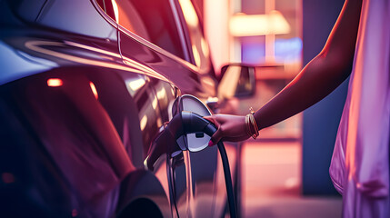 An African American woman recharging her electric vehicle