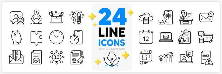 Icons set of Puzzle, Stress and Credit card line icons pack for app with Instruction manual, New message, Web3 thin outline icon. Architectural plan, Video conference, Timer app pictogram. Vector