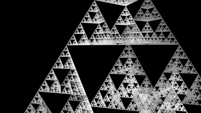 triangle fractal 3d illustration, sierpinski triangle 3d representation. can be used to represent mathematical art of exponential growth, complexity of infinite concept or sacred geometry	