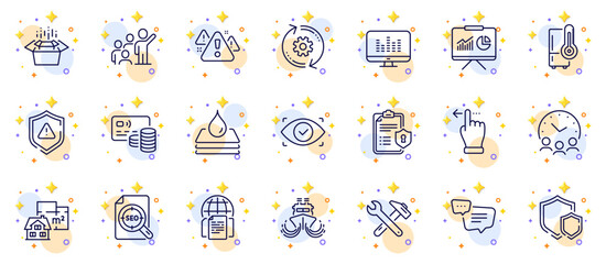 Outline set of Shields, Leadership and Card line icons for web app. Include Text message, Waterproof, Seo file pictogram icons. Biometric eye, Refrigerator, Internet documents signs. Vector