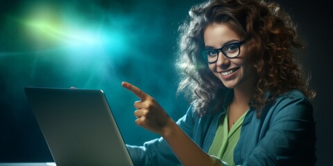 A Woman Gives a Thumbs Up While Pointing at Her Laptop, Embarking on Further Training and Perfecting Her Skills in Computer Courses, Reinforcing the Values of Learning and Study