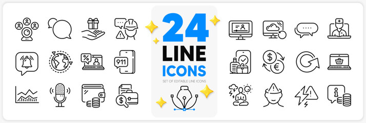 Icons set of Loyalty program, Video conference and Info line icons pack for app with Yoga, Builder warning, Messenger thin outline icon. Trade infochart, Carry-on baggage. Design with 3d stars. Vector - obrazy, fototapety, plakaty
