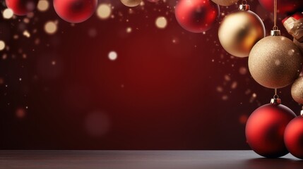 Christmas balls on red background. Christmas banner with copy space.