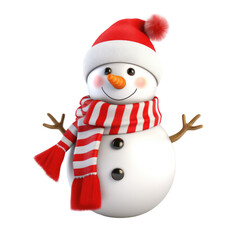 Snowman in red a scarf and a Santa hat isolated on a transparent background, 3D character, Christmas art