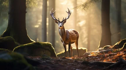 Fotobehang A majestic Axis deer standing gracefully in a sunlit forest clearing, its elegant antlers and coat captured in crisp detail by the HD camera. © Nairobi 