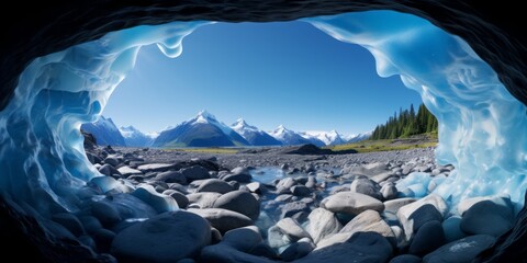 Window to Climate Change: A View of Melting Glacial Scenery from Inside a Cave, Highlighting the Urgency of Addressing Global Warming, Rising Sea Levels, Melting Snow, and the Pursuit of a CO2-Neutral - obrazy, fototapety, plakaty