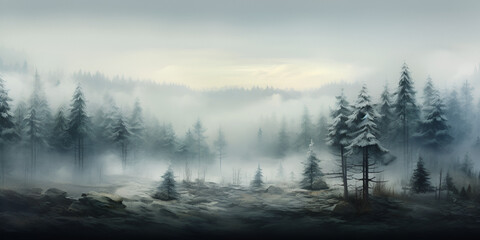Fototapeta premium Illustration of misty winter pine trees forest landscape background