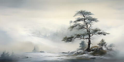 Illustration of misty winter pine tree and mountains landscape background
