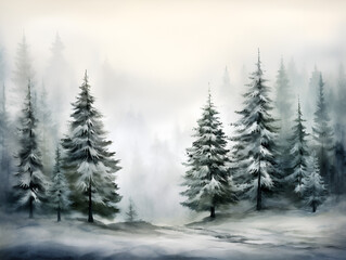 Obraz premium Illustration of misty winter pine trees forest landscape background
