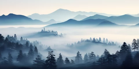 Keuken spatwand met foto Illustration of misty winter pine trees forest landscape background © TatjanaMeininger