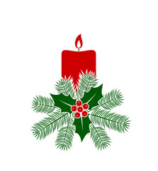christmas candle with spruce twigs and holly isolated on white background
