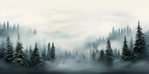 Fototapeta na wymiar Illustration of misty winter pine trees forest landscape background