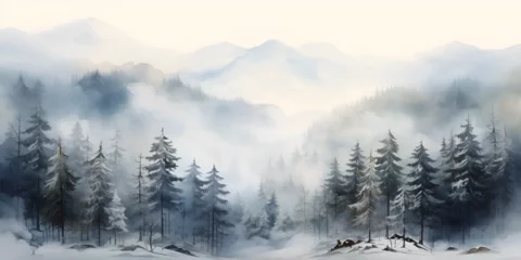 Fotobehang Illustration of misty winter pine trees forest landscape background © TatjanaMeininger