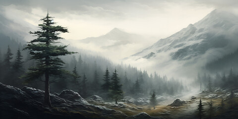 Illustration of misty winter pine trees forest landscape background - obrazy, fototapety, plakaty