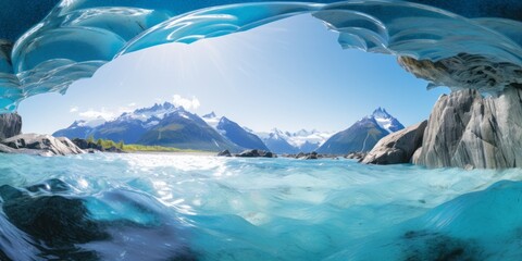 Fototapeta na wymiar Window to Climate Change: A View of Melting Glacial Scenery from Inside a Cave, Highlighting the Urgency of Addressing Global Warming, Rising Sea Levels, Melting Snow, and the Pursuit of a CO2-Neutral