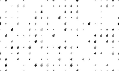 Seamless background pattern of evenly spaced black apple symbols of different sizes and opacity. Illustration on transparent background