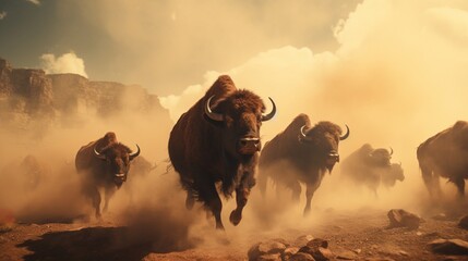 A Herd of buffalos stampedes across a barren landscape, a cloud of dust trailing behind them. -...