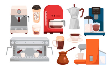 Coffee cups, machines and makers set vector illustration. Cartoon isolated coffee shop collection of hot drink menu with caffeine, equipment for drip extraction and automatic preparation of beverage