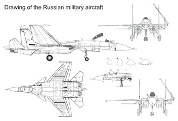 Vector drawing of a russian military aircraft.
General view of a war plane fighter bomber su.
Top, side, front, back views. Cad scheme.
Cross section, contour, sketch.