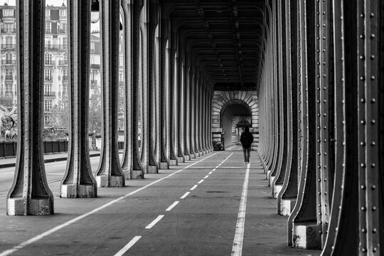 Long row of metal columns of elevated subway. Bir Hakeim Bridge in Paris, France. Black and white image.