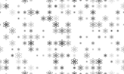 Seamless background pattern of evenly spaced black atomic symbols of different sizes and opacity. Vector illustration on white background