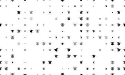 Seamless background pattern of evenly spaced black bell symbols of different sizes and opacity. Vector illustration on white background