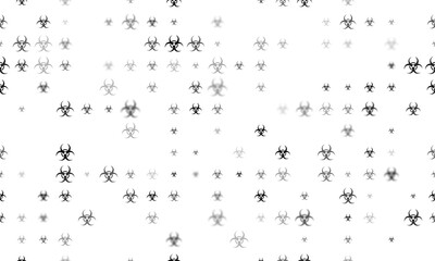 Seamless background pattern of evenly spaced black biohazard symbols of different sizes and opacity. Illustration on transparent background
