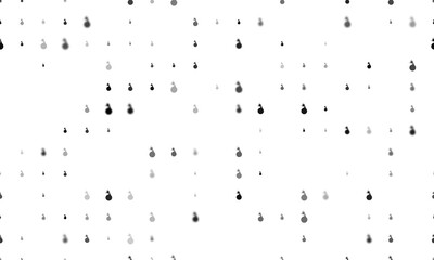 Seamless background pattern of evenly spaced black bomb symbols of different sizes and opacity. Illustration on transparent background
