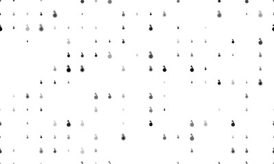 Seamless background pattern of evenly spaced black bomb symbols of different sizes and opacity. Vector illustration on white background