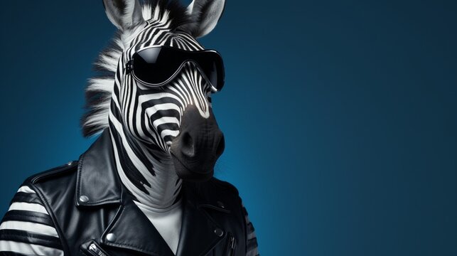 A studio portrait of a funky zebra wearing a leather jacket, aviator sunglasses on a seamless dark blue or grey background, copy space for text.