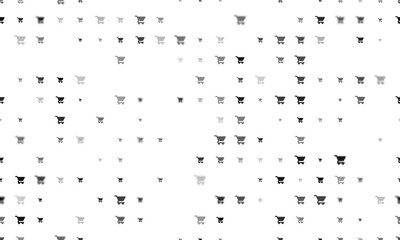 Seamless background pattern of evenly spaced black shopping cart symbols of different sizes and opacity. Vector illustration on white background