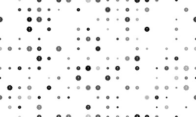 Seamless background pattern of evenly spaced black warning symbols of different sizes and opacity. Illustration on transparent background