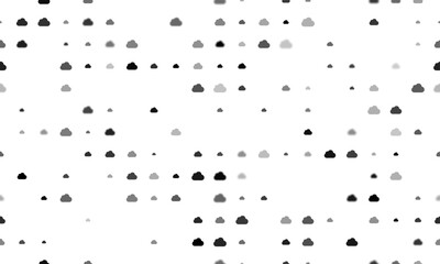 Seamless background pattern of evenly spaced black cloud symbols of different sizes and opacity. Vector illustration on white background