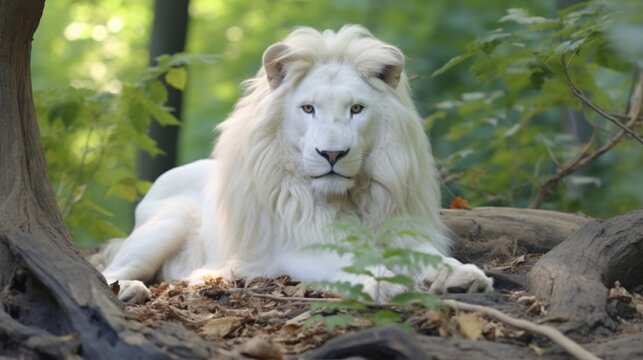 Albino lion with white fur lying in the forest and looking at the camera. Portrait of a rare exotic animal in nature
