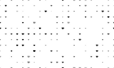 Seamless background pattern of evenly spaced black coffee cup symbols of different sizes and opacity. Illustration on transparent background
