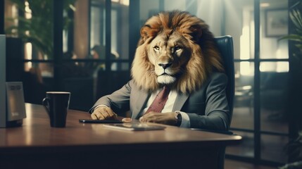 Angry agressive male lion in expensive formal suit, the king of beasts