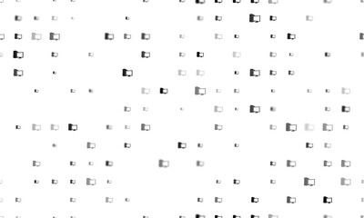 Seamless background pattern of evenly spaced black desktop symbols of different sizes and opacity. Illustration on transparent background