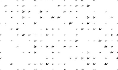 Seamless background pattern of evenly spaced black dove of peace symbols of different sizes and opacity. Illustration on transparent background