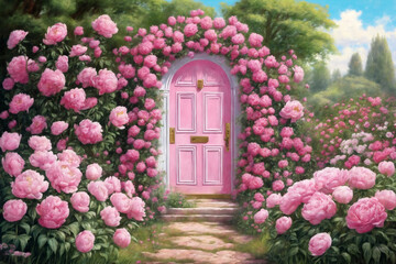 The door of the house and the flowers in front of the door. Pink door, pink wall and plants
