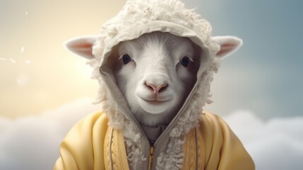 Anthropomorphic baby sheep dressed in human clothing. Humanized animal concept. AI generated, human enhanced.