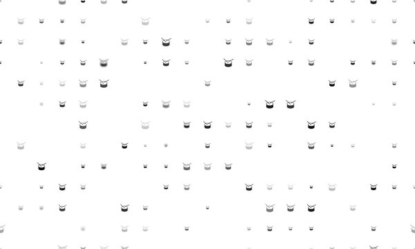 Seamless background pattern of evenly spaced black drum symbols of different sizes and opacity. Illustration on transparent background