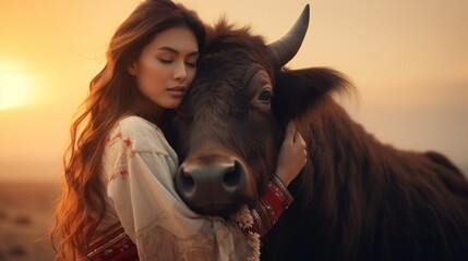 Beautiful Asian woman with traditional clothes hugging, caring a bull, buffalo, cow, sunset forest landscape, freedom. exotic, surreal, Mongolia, luxury, ethnic., mystic, copy space, AI Generated.