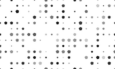 Seamless background pattern of evenly spaced black geraniums of different sizes and opacity. Illustration on transparent background