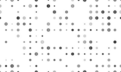 Seamless background pattern of evenly spaced black gear symbols of different sizes and opacity. Illustration on transparent background